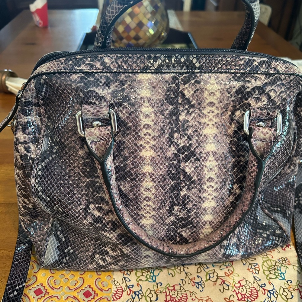 Lodis Snake-Print Satchel in Brown and cream